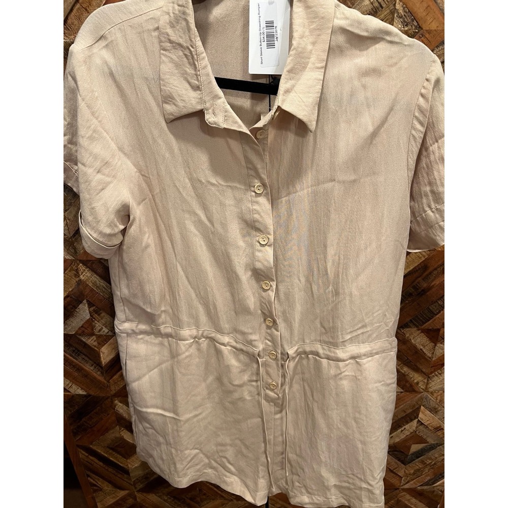 Mustard Seed Tan/Beige short sleeve button up drawstring romper NWT Sz Large